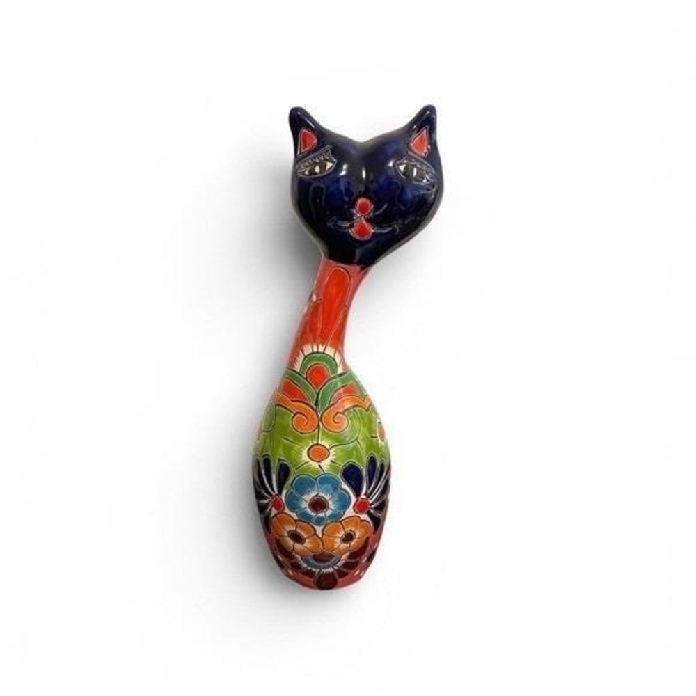 Talavera Mexican Folk Art Pottery Cat Figurine Hand Painted Floral Cobalt 18"